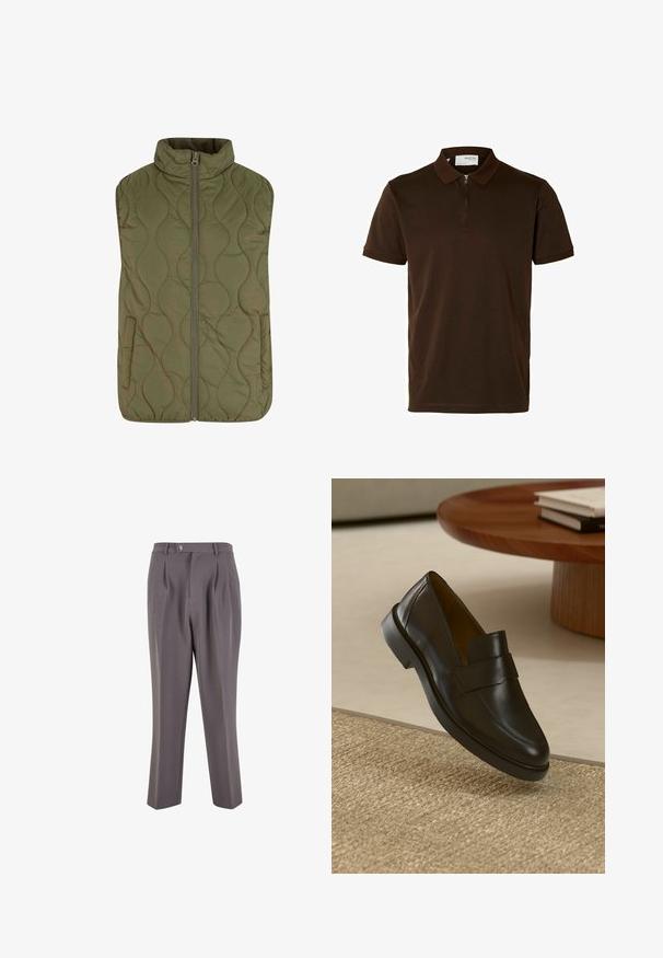 Gepolsterte Weste in Olivgrün mit hohem Kragen, Frontreißverschluss und zwei Seitentaschen. Glatte Textur mit gewelltem Musternähte.; Braunes Poloshirt aus glattem Stoff, mit einem Reißverschlusskragen, kurzen Ärmeln und einer taillierten Passform. Keine Muster oder Verzierungen sichtbar.; Graue, plissierte Hose aus glattem Stoff mit geradem Bein, einem einzigen Knopfverschluss und schrägen Seitentaschen.; Schwarzer Lederloafer mit glatter Oberfläche, abgerundetem Zeh und dekorativem Riemen über dem oberen Teil. Niedriger Gummihacken, platziert auf einer strukturierten Oberfläche.
