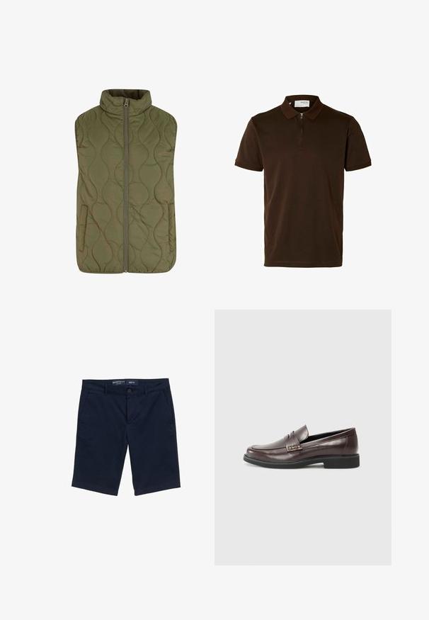 Chaleco acolchado en verde oliva, con un cuello alto, cremallera frontal y dos bolsillos laterales. Textura suave con un patrón de costura en ondas.; Polo marrón de tejido suave, con cuello con cremallera, mangas cortas y un ajuste entallado. Sin patrones ni acentos visibles.; Pantalones cortos azul marino de mezcla de algodón, con cierre de botón, bolsillos laterales y diseño de pierna recta. Etiqueta de talla M visible.; Mocasines de cuero marrón con un acabado suave, que presentan un sutil detalle de costura en la parte superior y una suela de goma negra.