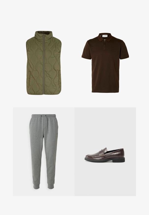 Gequilte vest in olijfgroen, met een hoge kraag, een rits aan de voorkant en twee zijzakken. Soepele textuur met golvende stikdetails.; Bruine polo shirt van gladde stof, met een ritskraag, korte mouwen en een getailleerde pasvorm. Geen patronen of accenten zichtbaar.; Grijze joggingbroek met elastische tailleband en trekkoord. Boordjes bij de enkels. Vlakke textuur met zijzakken en een klein logo detail.; Bruine leren loafers met een gladde afwerking, voorzien van een subtiele gestikte detail op de bovenkant en een zwarte rubberen zool.