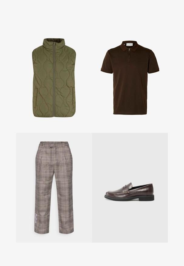 Prsluk s prošivenim uzorkom u maslinasto zelenoj boji, s visokim ovratnikom, prednjim patentnim zatvaračem i dva bočna džepa. Glatka tekstura s valovitim uzorkom šivanja.; Smeđa polo majica od glatkog materijala, s ovratnikom na zatvarač, kratkim rukavima i prilagođenim krojem. Nema vidljivih uzoraka ili akcenata.; Sive karirane hlače širokog kroja, s uzorkom kockica u svijetlo bež i crnim linijama, te bočnim džepovima. Istaknute bijelim slovima.; Smešni smeđi kožni mokasini s glatkom završnom obradom, s diskretnim šavnim detaljem na gornjem dijelu i crnom gumenom potplatom.