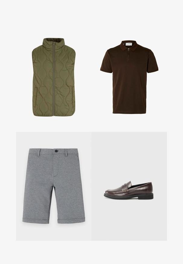 Õmblusvest oliivrohelises värvitoonis, millel on kõrge krae, esimeses tõmblukus tehtud sulgemine ja kaks küljetaskut. Sile tekstuur lainelise mustriga õmbluste detailidega.; Pruun polo särk, mis on valmistatud siledast kangast, varustatud lukuga kraega, lühikeste varrukatega ja kohandatud lõikega. Muster või aktsent puuduvad.; Hallide, põlveulatuses hallid lühikesed püksid, mis on valmistatud tekstureeritud kangast, nööpidega kinni tõmmatavad, ühe esise taskuga ja korralikult keritud servadega.; PRUUNID NAASTE NAHK LOFAERID sileda pinnaga, millel on peene õmblustunne ülemise serva juures ja must kummitald.