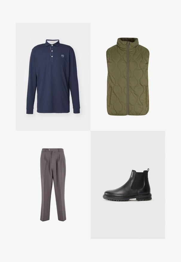 Chaleco acolchado en verde oliva, con un cuello alto, cremallera frontal y dos bolsillos laterales. Textura suave con un patrón de costura en ondas.; Polo de manga larga en navy hecho de una tela suave, con cuello, tapeta de tres botones y un logotipo en el lado izquierdo del pecho.; Pantalones grises con plisados, fabricados en un tejido suave, que presentan un diseño de pierna recta, un cierre de un solo botón y bolsillos laterales inclinados.; Botín Chelsea de cuero negro con paneles elásticos en los laterales, tirador, punta redondeada y suela resistente con ranuras de tracción.