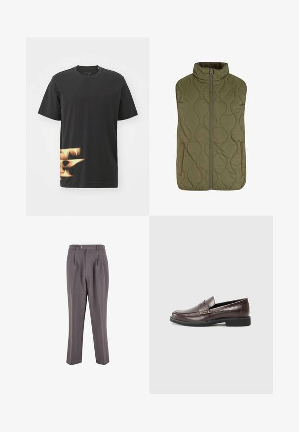 Chaleco acolchado en verde oliva, con un cuello alto, cremallera frontal y dos bolsillos laterales. Textura suave con un patrón de costura en ondas.; adidas Performance TRAE TEE - Camiseta estampada - black; Pantalones grises con plisados, fabricados en un tejido suave, que presentan un diseño de pierna recta, un cierre de un solo botón y bolsillos laterales inclinados.; Mocasines de cuero marrón con un acabado suave, que presentan un sutil detalle de costura en la parte superior y una suela de goma negra.