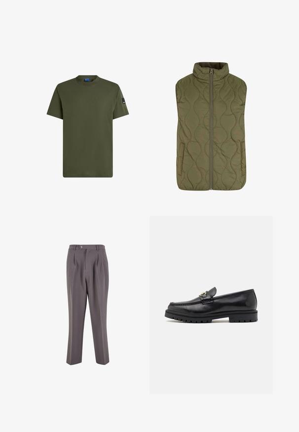 Vest matlasat în verde măsliniu, cu guler înalt, fermoar frontal și două buzunare laterale. Textură netedă cu un model de cusături ondulate.; Tricou scurt, de culoare verde măslin, fabricat din bumbac. Dispune de un gât rotund și un eticheta mică, neagră, pe mâneca stângă. Textură netedă.; Pantaloni plisati gri, confecționați dintr-un material neted, având un design cu picior drept, închidere cu un singur nasture și buzunare laterale înclinate.; Mocasini din piele neagră cu un finisaj neted, vârf rotund, o curea decorativă cu elemente de aur și o talpă robustă neagră.