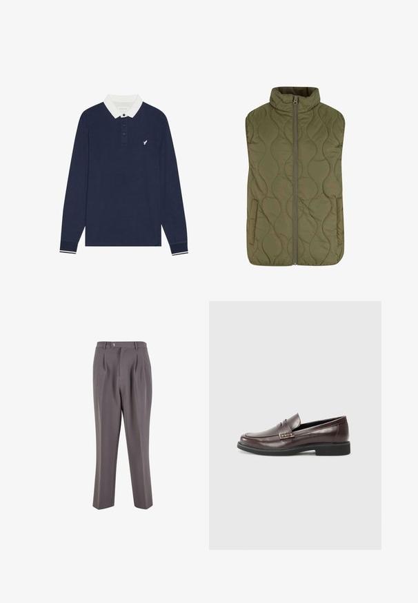 Quilted vest in olive green, featuring a high collar, front zipper, and two side pockets. Smooth texture with wavy pattern stitching.; Navy long-sleeve polo shirt with a white collar, three-button placket, and embroidered logo. Features striped cuffs in white and navy.; Gray pleated trousers made of smooth fabric, featuring a straight leg design, a single button closure, and slanted side pockets.; Brown leather loafers with a smooth finish, featuring a subtle stitched detail on the upper and a black rubber sole.