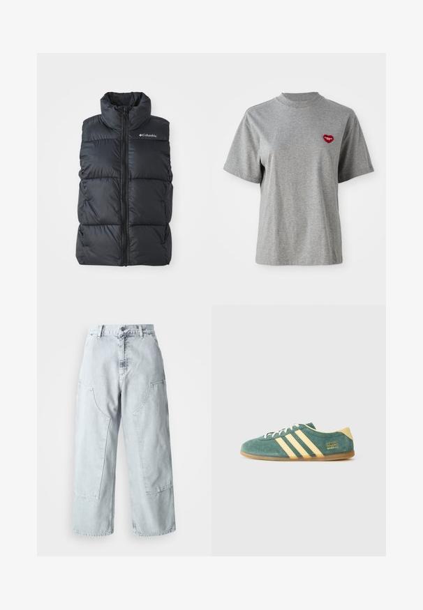 Juodas pūkuotas liemens švarkas su aukštu apykakle, priekiniais užtrauktukais ir šoniniais kišenėmis. Textūruotas, siuvinėtas dizainas su "Columbia" logotipu ant peties.; Pilkos spalvos trumpomis rankovėmis marškinėliai su apvaliu kaklu ir maža raudona širdelės formos aplikacija kairėje krūtinės pusėje su užrašu "Carhartt WIP."; Šviesiai mėlyni džinsiniai plačios kojos kelnių su didelėmis šoninėmis kišenėmis, aukštu liemeniu ir laisvu siluetu. Sukurta su nusidėvėjusiomis tekstūromis ir išblukusiu paviršiumi.; Žalios suede bateliai su geltonais akcentais ir trimis juostelėmis. Išlenktas pirštas, plokščias gumos padas ir ryškus prekės ženklo logotipas šone.