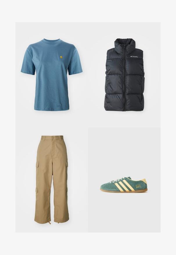 Sort puffer vest med høj krave, frontlynlås og sidelommer. Tekstureret, quiltet design med Columbia-logo på skulderen.; Lyseblå bomulds t-shirt med korte ærmer og ribbet rund hals. Har et lille gult logo på venstre bryst som detalje.; Beige cargo bukser med høj talje, brede ben og fire store sidelommer. Fremstillet af slidstærkt stof med en glat tekstur og minimal detaljering.; Grønne ruskindsko med gule detaljer og tre striber. Rund tå, flad gummisål og fremtrædende mærke på siden.