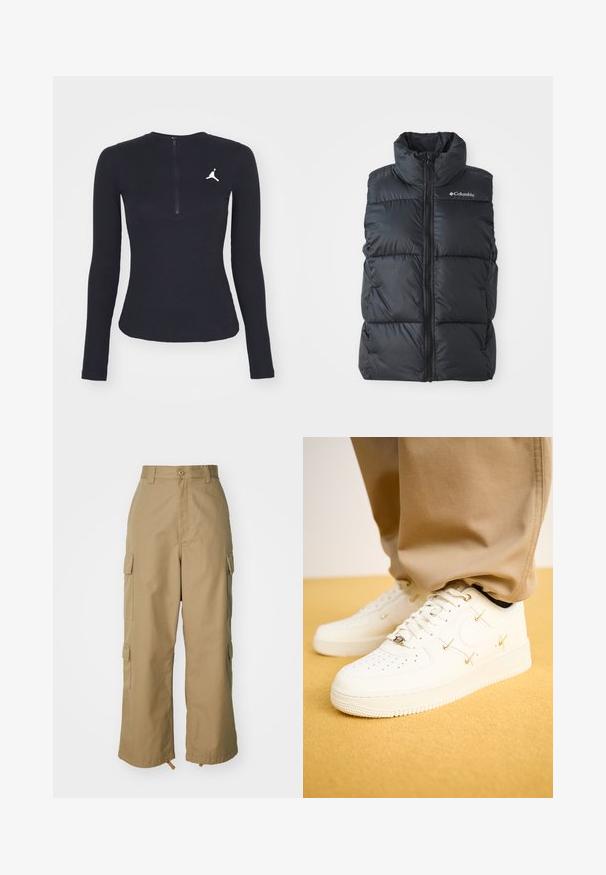 Fekete puffvas, magas gallérral, elülső cipzárral és oldalzsebekkel. Texturált, steppelt dizájn Columbia logóval a vállon.; Fekete bordázott, hosszú ujjú felső magas gallérral és rövid cipzárral. Az elülső részen, a bal mellen található egy fehér Jordan logó.; Beige vászon nadrág magas derékkal, széles lábakkal és négy nagy oldalzsebbel. Tartós anyagból készült, sima textúrával és minimális részletekkel.; Fehér bőr sportcipő perforált orral, arany kiegészítőkkel és lapos fűzőkkel, bézs nadrággal párosítva egy texturált sárga felszínen.