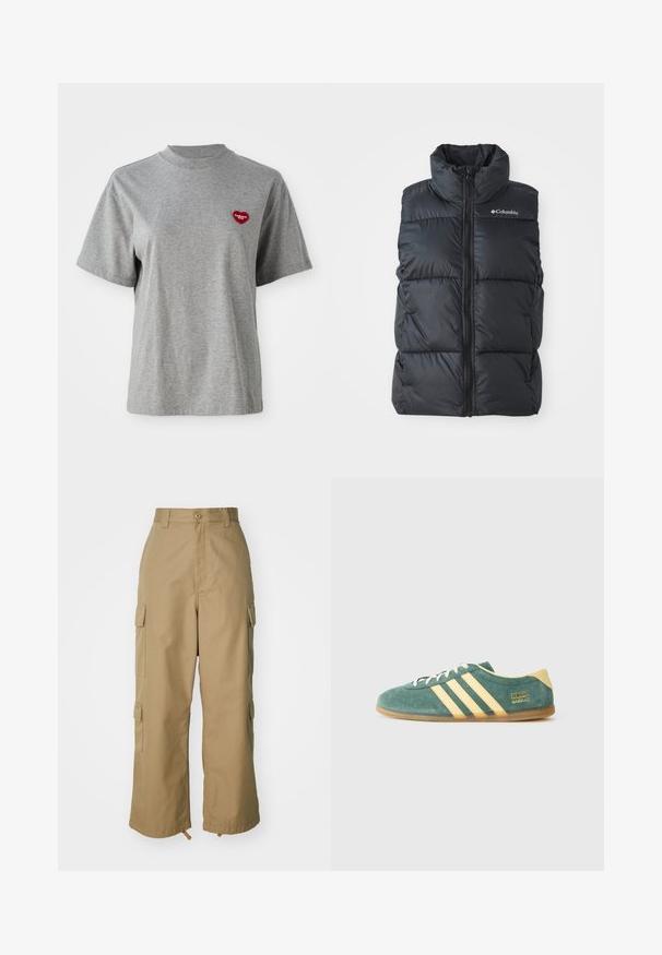 Doudoune noire sans manches avec un col montant, fermeture éclair à l'avant et poches latérales. Design texturé et matelassé avec le logo Columbia sur l'épaule.; T-shirt gris à manches courtes avec un col rond, orné d'un petit patch en forme de cœur rouge sur la poitrine gauche portant l'inscription "Carhartt WIP."; Pantalons cargo beiges à taille haute, jambes larges et quatre grandes poches latérales. Fabriqués en tissu durable avec une texture lisse et peu de détails.; Chaussure en daim vert avec des accents jaunes et trois rayures. Bout arrondi, semelle plate en caoutchouc, et logo de la marque bien en vue sur le côté.