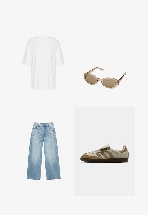 Brun ærmeløs vest med en indpakningsdesign, lavet af tekstureret stof. Har to forlommer med pipingdetaljer langs kanterne.; Hvid kortærmet t-shirt lavet af blød bomuld. Har en rund halsudskæring og subtile logo detaljer på venstre bryst. Efter gerade snit.; Lyseblå wide-leg jeans fremstillet af denim, med høj talje, fem-lomme-design og subtile slidte detaljer på stoffet.; Brun og creme atletisk sko med tre beige striber, lavet af ruskind og læder, snørelukning og gummisål. Tekstlogo på siden.; Sunglasses med en transparent beige ramme, ovale linser og slanke stænger. Har lys bruntonede linser og minimal branding.; Beige hobo taske med brunt logomønster, læderdetaljer og et metalspænde med en hævet "G." Justerbar skulderrem medfølger.