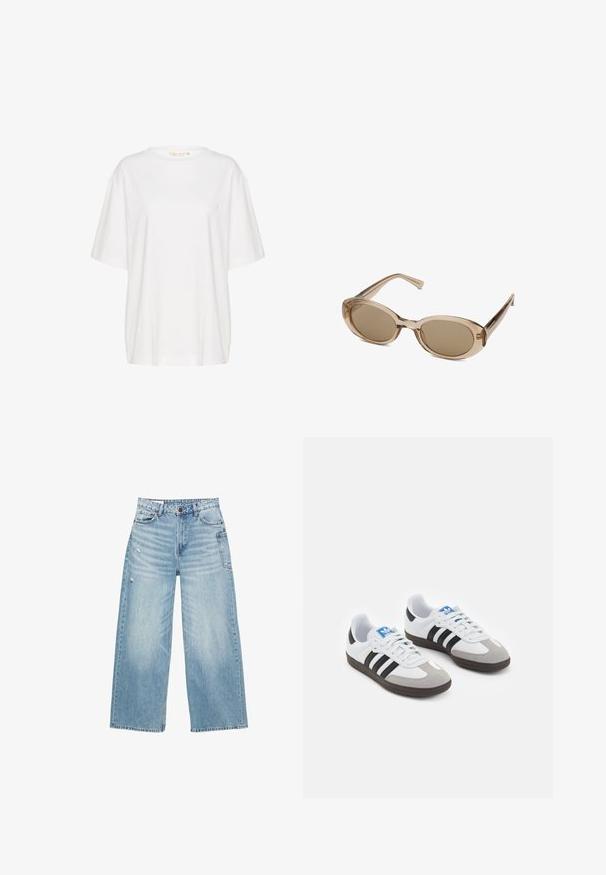 Ruskea ilmanhihainen liivi, jossa on kietaisuosa, valmistettu tekstuurikankaasta. Sisältää kaksi etutaskua, joissa on huolittelu yksityiskohtia reunoilla.; Valkoinen lyhythihainen t-paita, joka on valmistettu pehmeästä puuvillasta. Sen kaula-aukko on pyöreä ja vasemmassa rinnassa on hillitty logotaito. Suora istuvuus.; Vaaleansiniset leveät farkut, jotka on valmistettu denimistä. Niissä on korkea vyötärö, viisi taskua ja hienovaraisia kulutettuja yksityiskohtia kankaassa.; Urheilukengät, joissa on valkoinen nahkainen päällinen, harmaa mokkanokka ja kolme mustaa raitaa. Ominaisuuksina sininen logo kielekkeessä ja kuvioitu kumipohja.; Aurinkolasit, joissa on läpikuultava beige kehys, soikeat linssit ja hoikat temples. Varustettu vaaleanruskeilla sävytetyillä linsseillä ja minimimaalista brändäystä.; Beige hobo-laukku, jossa on ruskea logokuvio, nahkareunukset ja metallinen solki, jossa on kohotettu "G". Mukana säädettävä olkahihna.