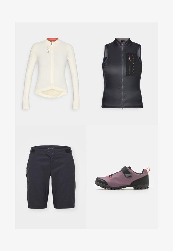 Schwarze ärmellose Weste mit hohem Kragen, Frontreißverschluss und einer Brusttasche mit Reißverschluss. Der Stoff hat eine glatte, leichte Textur.; Weißes Langarmjersey mit hohem Kragen, Frontreißverschluss und kontrastierendem roten Innenkragen; hat einen leicht abgerundeten Saum.; Dunkelgraue Shorts aus leichtem Material. Mit zwei Knöpfen am Bund, einer Reißverschlusstasche an der Seite und einer glatten Oberfläche.; Hellblaues Sport-Schuhwerk mit schwarzen Akzenten, Netzstruktur, verstellbarem Riemen, Gummisohle mit strukturiertem Profil und Zuglasche hinten.