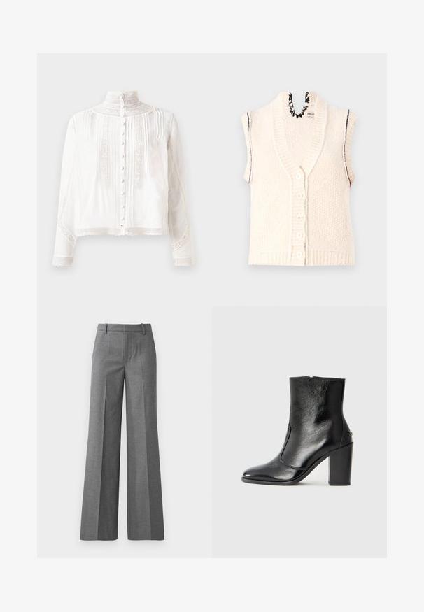 Vest tricotat cu mânecă scurtă, de culoare crem, cu închidere frontală prin nasturi, tiv inferior cu nervuri, detaliu cu margini ondulate la decolteu, material texturat cu linii verticale.; Bluză albă cu guler înalt, mâneci lungi, plisse verticale, accente din dantelă și închidere cu nasturi în față. Material ușor, cu textură semi-transparentă.; Pantaloni gri cu picioare largi, dintr-un material texturat. Prezintă pliaje în față, talie ajustată și un finisaj lustruit, ideal pentru ocazii formale.; Botină din piele neagră, cu o textură netedă, vârf ascuțit și toc gros, înalt. Dispune de o deschidere laterală și un design minimalist.