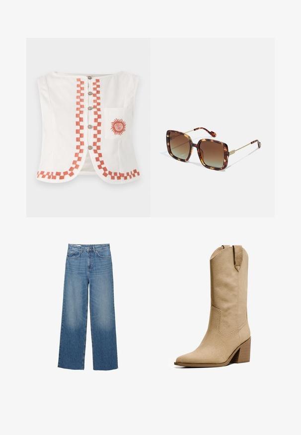 Blomstermønstret polstret vest i hvidt stof med gule og lilla blomster. Kantede kanter og to sidelommer. Ingen ærmer.; Hvid ærmeløs top med et geometrisk orange mønster langs fronten og kanten, med dekorative knapper og en lomme med et solmotiv.; Lyseblå denim bukser med vide ben og høj talje, to forlommer og diskret falmning ved lårene, med standard knap- og lynlås-lukning.; Bershka HIGH-HEEL - Cowboy- / bikerstøvler - beige; Brune skildpaddemønstrede solbriller med firkantet form, gradientlinser og guldmetalaccenter på stænger og arme. Tekstureret overflade.