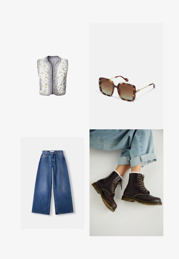 Floral-patterned padded vest in white fabric, featuring yellow and purple flowers. Trimmed edges and two side pockets. No sleeves.; White cropped t-shirt featuring a blue butterfly graphic and "Breathe Baby Breathe" text. Made from soft cotton, with a round neck and short sleeves.; Bershka WIDE-LEG - Wide Leg - dark blue; Brown leather ankle boots with lace-up design, fur lining, yellow stitching, and chunky rubber soles. Worn with rolled light blue jeans.; Brown tortoiseshell sunglasses with a square shape, gradient lenses, and gold metal accents on the temples and arms. Textured surface.