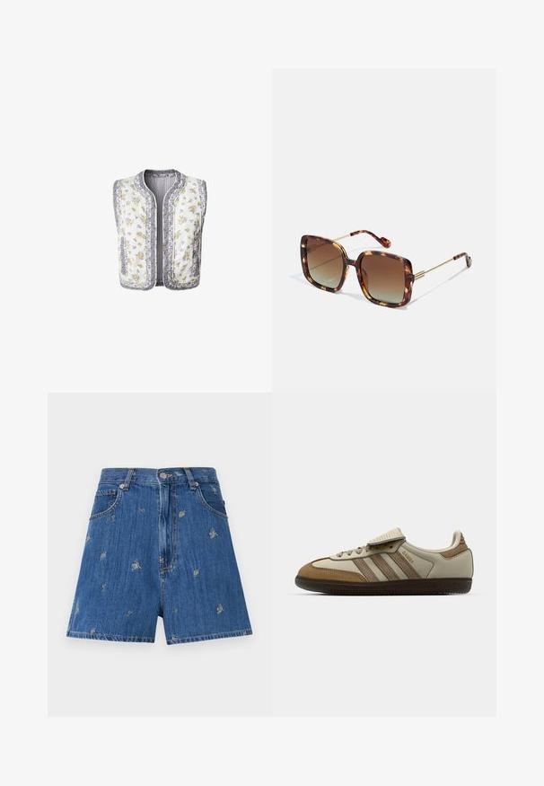 Bela obleka brez rokavov s cvetličnim vzorcem, okrašena z rumenimi in vijoličnimi cvetovi. Obrobljeni robovi in dva stranska žepa.; Bela skrajšana majica s kratkimi rokavi, ki ima grafiko modrega metulja in besedilo "Dihaj, dojenček, dihaj". Narejena je iz mehkega bombaža, z okroglim ovratnikom.; Denim kratke hlače v srednje modri barvi s vezenimi cvetličnimi in metuljnimi vzorci. Imajo klasičen pet-pocket dizajn in zaponko na gumb.; Brah in krem športni čevelj s tremi bež črtami, iz semiša in usnja, zasnova z vezalkami in gumijastim podplatom. Logotip z besedilom na strani.; Rjave žirafe sončna očala s kvadratno obliko, gradientnimi lečami in zlatimi kovinskimi dodatki na tempeljih in ročajih. Strukturirana površina.