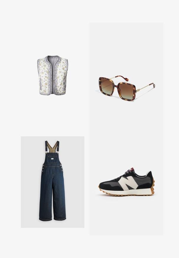 Floral-patterned padded vest in white fabric, featuring yellow and purple flowers. Trimmed edges and two side pockets. No sleeves.; White cropped t-shirt featuring a blue butterfly graphic and "Breathe Baby Breathe" text. Made from soft cotton, with a round neck and short sleeves.; Dark blue denim overalls with wide legs, adjustable straps, and button accents. Features a front pocket and a solid, smooth texture.; Black and gray suede sneaker with a large cream-colored "N" logo, purple laces, and a textured gum rubber outsole.; Brown tortoiseshell sunglasses with a square shape, gradient lenses, and gold metal accents on the temples and arms. Textured surface.