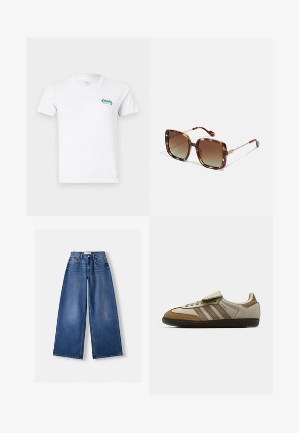 Floral-patterned padded vest in white fabric, featuring yellow and purple flowers. Trimmed edges and two side pockets. No sleeves.; White cotton t-shirt featuring short sleeves and a crew neck. Notable green embroidered "Obey" logo on the left chest area.; Bershka WIDE-LEG - Wide Leg - dark blue; Brown and cream athletic shoe with three beige stripes, suede and leather materials, lace-up design, and rubber sole. Text logo on side.; Brown tortoiseshell sunglasses with a square shape, gradient lenses, and gold metal accents on the temples and arms. Textured surface.