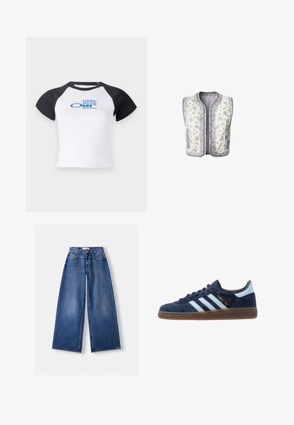 Blommönstrad vadderad väst i vit tyg, med gula och lila blommor. Kantade kanter och två sidofickor. Ingen ärm.; Vit kortärmad t-shirt med svarta raglanärmar, som har en blå grafisk text "COSMIC DREAMS obey™" på framsidan.; Bershka WIDE-LEG - Wide leg - dark blue; Marinblå mocka Adidas-sneakers med ljusblå ränder, gummisula, ljusblå hälflik och gyllene "Spezial"-logotyp på sidan.