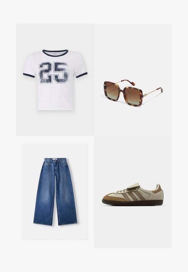 Blomstermønstret polstret vest i hvidt stof med gule og lilla blomster. Kantede kanter og to sidelommer. Ingen ærmer.; Hvid bomulds t-shirt med navy blå ribbede krave og manchetter, med et slidt print af nummeret "25" foran.; Bershka WIDE-LEG - Wide leg - dark blue; Brun og creme atletisk sko med tre beige striber, lavet af ruskind og læder, snørelukning og gummisål. Tekstlogo på siden.; Brune skildpaddemønstrede solbriller med firkantet form, gradientlinser og guldmetalaccenter på stænger og arme. Tekstureret overflade.
