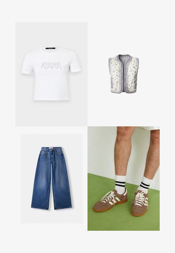 Kamizelka pikowana we wzór kwiatowy z białej tkaniny, z żółtymi i fioletowymi kwiatami. Wykończenie brzegów oraz dwie boczne kieszenie. Bez rękawów.; Biała koszulka z krótkim rękawem wykonana z bawełny, z nadrukowanym logo w srebrnym kolorze z ćwiekami na przodzie. Prosty dekolt typu crew i luźny krój.; Bershka WIDE granatowy; Brązowe zamszowe sneakersy z białymi akcentami i sznurówkami. Gumowa, brązowa podeszwa. Noszone z białymi skarpetkami w czarne paski. Zielona teksturowana podłoga.