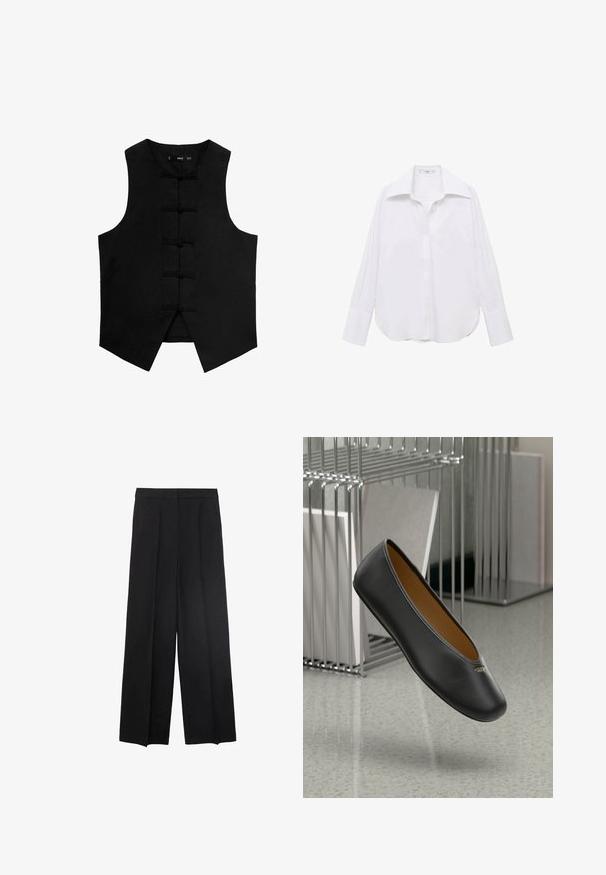 Vesta neagră fără mâneci, cu decolteu rotund, material texturat și închideri cu noduri tradiționale pe față. Prezintă buzunare laterale și un tiv conic.; Cămașă albă cu mâneci lungi, cu nasturi, cu guler clasic, croi lejer, fante laterale și textură netedă, realizată dintr-un material ușor.; Pantaloni negri cu picioare largi, având o textură netedă, cu plii în față și un design cu talie înaltă. Fără buzunare vizibile sau accesorii metalice.; Balerini din piele neagră cu vârf rotunjit, textură netedă și un accent cu logo auriu pe lateral. Poziționate deasupra unei suprafețe reflective.