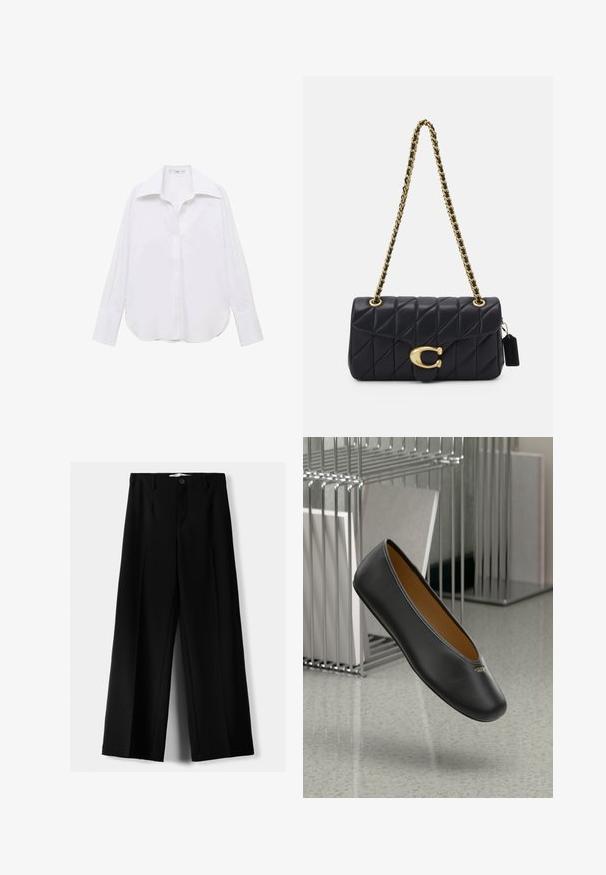 Vesta neagră fără mâneci, cu decolteu rotund, material texturat și închideri cu noduri tradiționale pe față. Prezintă buzunare laterale și un tiv conic.; Cămașă albă cu mâneci lungi, cu nasturi, cu guler clasic, croi lejer, fante laterale și textură netedă, realizată dintr-un material ușor.; Pantaloni negri cu picior larg, fabricați dintr-un material ușor, cu închidere frontală cu nasture și față plată, având tivuri cusute cu atenție.; Balerini din piele neagră cu vârf rotunjit, textură netedă și un accent cu logo auriu pe lateral. Poziționate deasupra unei suprafețe reflective.; Geantă neagră matlasată cu un umăr din lanț auriu, având un închizător auriu distinctiv și un etichetă mică, prezentând o suprafață din piele texturată.