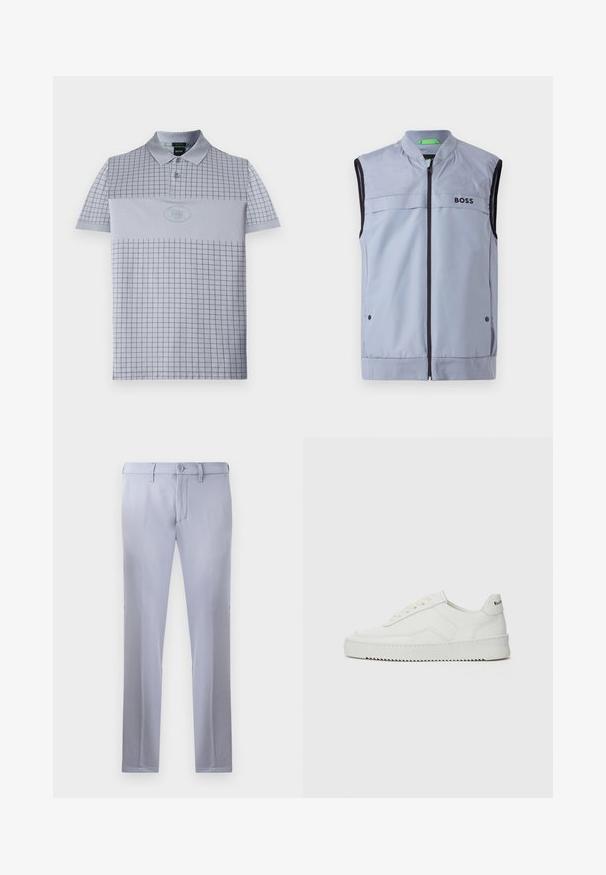 Svetlomodrá bezrukávová bunda s vysokým golierom, predným zipsom, čiernym lemovaním a logom "BOSS" na ľavom prsníku. Hladký, ľahký materiál.; Svetlo šedé polo tričko s mriežkovaným vzorom, so zapínaním na dva gombíky a so slnečným logom. Vyrobené z hladkej a priedušnej tkaniny.; Svetlošedé nohavice na mieru vyrobené z hladkej tkaniny, so zapínaním na gombík, pútkami na opasok a strihom s rovnými nohavicami. Žiadne viditeľné vrecká.; Biele kožené tenisky s hladkým povrchom, okrúly špičkový dizajn, ploché šnúrky a textúrovaná podrážka. Obsahujú jemné logo na päte.