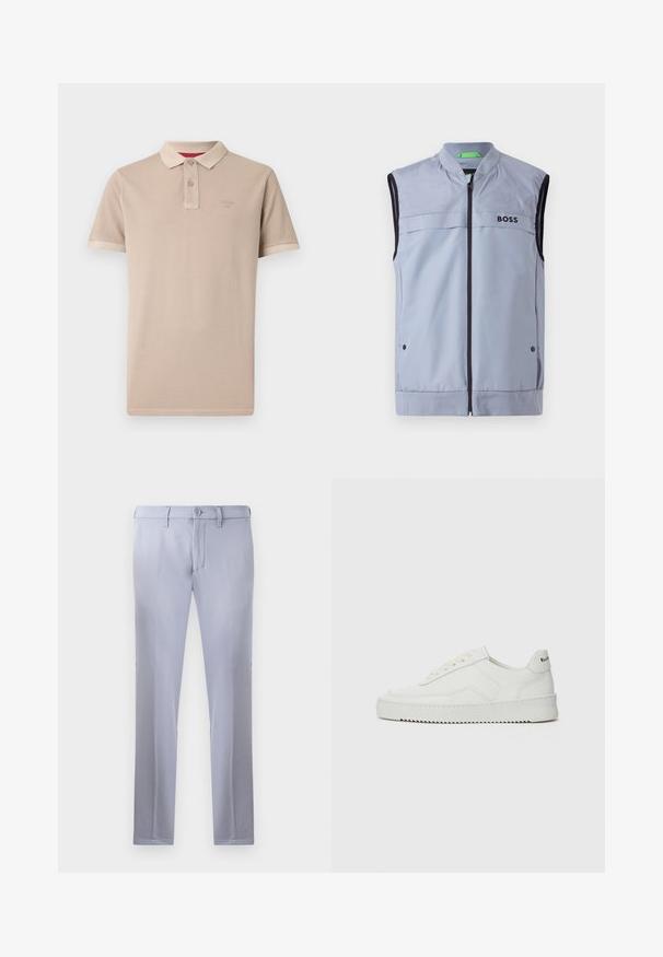 Helleblaue ärmellose Weste mit Stehkragen, Reißverschluss vorne, schwarzem Besatz und "BOSS"-Logo auf der linken Brust. Glattes, leichtes Material.; Beige Poloshirt aus weichem Stoff, mit klassischem Kragen, Knopfleiste mit zwei Knöpfen, kurzen Ärmeln und einem dezenten Logo auf der Brust.; Helle graue, maßgeschneiderte Hose aus glattem Stoff, mit Knopfverschluss, Gürtelschlaufen und geradem Bein. Keine sichtbaren Taschen.; Weiße Ledersneaker mit glatter Oberfläche, runder Zehenpartie, flachen Schnürsenkeln und strukturiertem Sohlenprofil. Mit einem dezenten Logo an der Ferse.