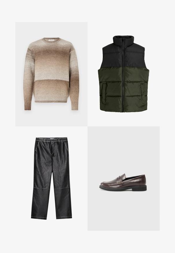 Padded vest featuring a black upper section and an olive green lower section, front zipper, and two side pockets. Smooth texture.; Beige knit sweater with a round neck, featuring a gradient pattern in light to dark tones and ribbed cuffs and hem. Soft texture.; Black faux leather pants, wide leg, featuring stitching details and front pockets, with a smooth, slightly reflective texture.; Brown leather loafers with a smooth finish, featuring a subtle stitched detail on the upper and a black rubber sole.