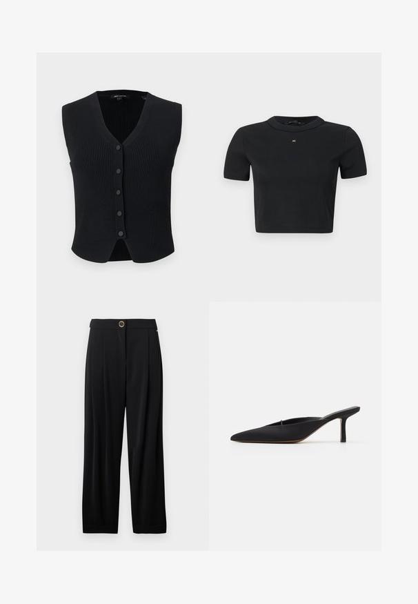 Zwarte geribbelde mouwloze cardigan met V-hals en vijf knopen aan de voorkant, licht gebogen zoom en slank pasvormontwerp.; Zwarte korte mouwen cropped trui met ronde hals en klein gouden "AX" logo op de borst.; Zwarte hoge taille wijde pantalon met een enkele gouden knoopsluiting en zijzakken op een witte achtergrond.; Zwarte muiltje met spitse neus en een strak ontwerp, gemaakt van gladde stof, met een slanke hak en open achterkant voor gemakkelijk aan- en uittrekken.