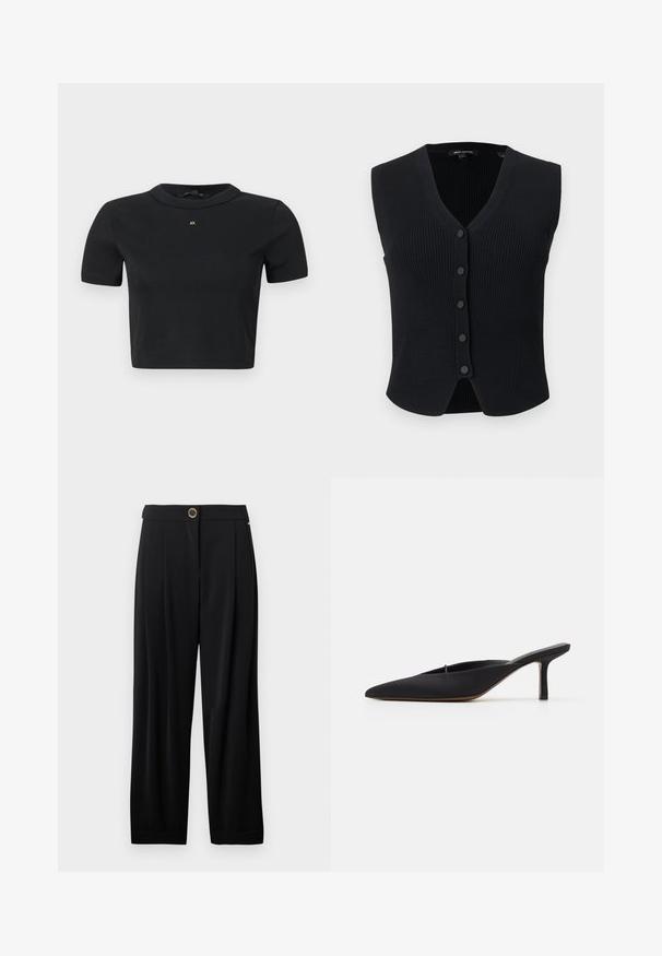 Black ribbed sleeveless cardigan with V-neck and five front buttons, slightly curved hem, and slim fit design.; Black short-sleeve cropped knit top with round neck and small gold "AX" logo at center chest.; Black high-waist wide-leg trousers with a single gold button closure and side pockets against a white background.; Black pointed-toe mule with a sleek design, made of smooth fabric, featuring a slender heel and open back for easy wear.