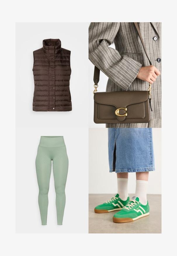 Burgundijas paklāju bez piedurknēm pūkainā veste ar augstu apkakli un priekšējo pogu aizdari, attēlota uz vienkārša gaiša fona.; Balts adīts puloveris ar teksturētu rakstu, pusei ar rāvējslēdzēju, ribota apkakle un piedurknes. Materiāls izskatās mīksts un ērts.; Ribota augstās jostasvietas legingi maigos salvijas zaļajos toņos. Izgatavoti no elastīgas auduma, ar pieguļošu dizainu, nodrošinot papildus komfortu.; Zaļie zamša sporta apavi ar baltām svītrām un auklām, ar gumijas zoli. Apvienoti ar baltām rievotām zeķēm un denim svārkiem.; COACH TABBY SHOULDER BAG 26 - Rokassoma - dark stone
