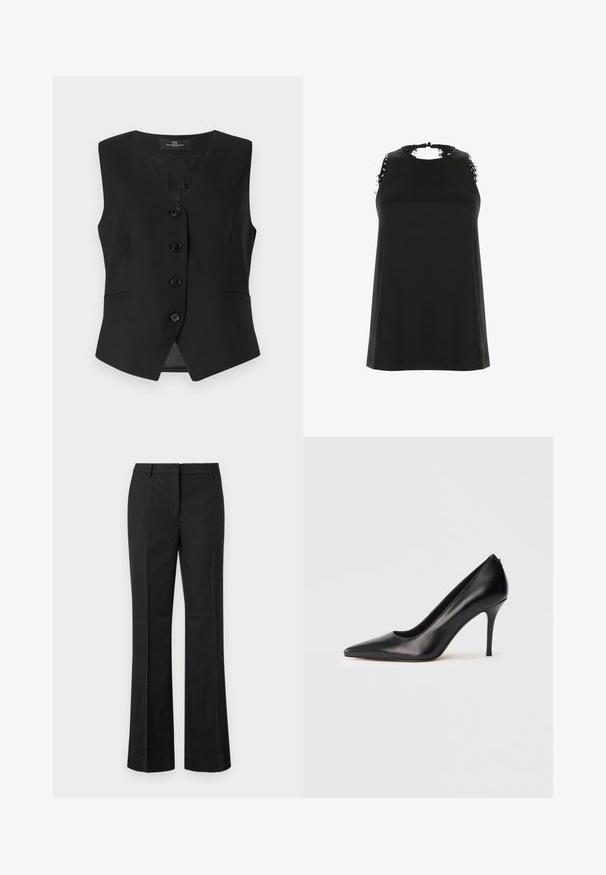 Must tahtideta must vest V-kaelusega, viie nööbiga ees, kahe küljetaskuga ja siledast kangast. Lihtne, täpselt lõigatud disain.; Mustamata ilma varrukat särk kõrge kaelusega, millel on kulunud pitsi aktsendid õlgadel ja sile ning pehme tekstuur.; Mustad laiad püksid, mis on valmistatud siledast kangast ja kaunistatud väikeste metallsete detailidega. Omab sirtsumata eesmist osa ja tavalist vööd.; Must nahast kõrge kontsaga kingad terava varba, siledat tekstuuri ja elegantse disainiga. Omavad peent, kõrgendatud kontsa ja madalat esiosa.