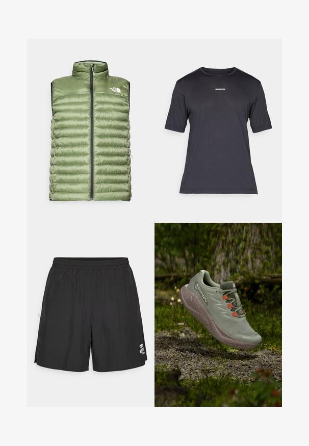 Zielona puchowa kamizelka z wysokim kołnierzem, zamkiem błyskawicznym z przodu oraz poziomym pikowaniem. Posiada logo na górze po lewej stronie oraz kieszenie boczne.; Czarny t-shirt sportowy krótki rękaw z przewiewnego materiału, z okrągłym dekoltem i małym białym logo "SALOMON" na piersi.; Czarne szorty na elastycznej talii z małą białą grafiką z przodu, zaprojektowane do codziennego użytku lub sportu.; Jasnozielone buty biegowe Salomon z pomarańczowymi pętelkami, unoszące się nad żwirową ścieżką w leśnym otoczeniu.