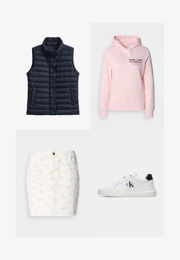 Marineblauw puffy mouwloos vest met een funnelkraag, knoopsluiting, twee zijzakken en een doorgestikte structuur. Voorzien van subtiele branding op de borst.; Roze hoodie gemaakt van een katoenmix, met een logo aan de voorkant en horizontale strepen. Het heeft een trekkoord kap en ribgebreide manchetten en zoom.; Witte denim rok met een bloemmotief in roze en groen, met een sluiting met knopen aan de voorkant en zijzakken. Korte lengte ontwerp.; Witte lage sneaker met zwarte hiel tab, plateauzool, veters en Calvin Klein "CK" logo aan de zijkant.