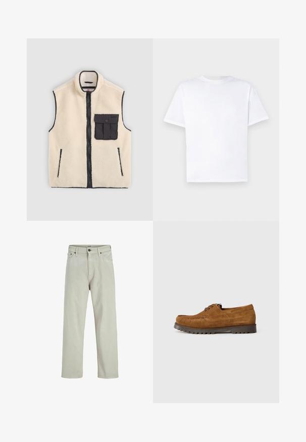 Crème fleece vest met een zwarte ritssluiting, zijzakken en een voorzak met knoopdetail. Contrasterende afwerking is zichtbaar.; Witte katoenen T-shirt met ronde hals en korte mouwen. Gladde textuur, rechte snit, geen patronen of accenten. Alleen achteraanzicht.; Licht beige denim jeans met een recht model, vijf-pocket stijl en een knoopsluiting bij de taille, met minimale stikdetails.; Bruine suède veterschoen met dikke zwarte profielzool, zichtbare stiksels en klassiek moccasinontwerp op een witte achtergrond.