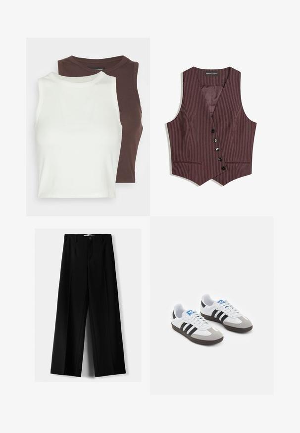 Burgundi csíkozott mellény V nyakkal, hat gombbal, két elülső zsebbel és sima bélésbel. Szabott fazon, éles vonalakkal.; Két bordázott, ujjatlan felső fehér és sötétbarna színben. Mindkettő magas nyakkivágással és puha, rugalmas anyaggal rendelkezik, ami ideálissá teszi őket rétegezéshez.; Fekete, bő szárú nadrág, könnyű anyagból, elöl gombos záródással és sima elfröccsenésű fazonnal, szépen varrott szegélyekkel.; Fehér bőr felsőrészes sportcipő, szürke velúrból készült orral és három fekete csíkkal. Jellemzője a kék logó a nyelvén és egy texturált gumitalp.