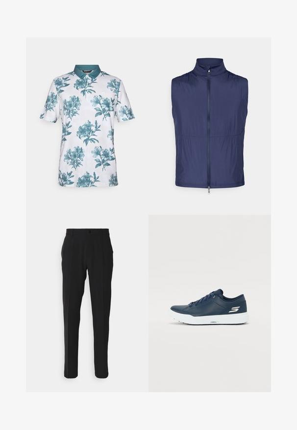 Navy blue sleeveless vest with high collar and full-length front zipper, made of lightweight fabric.; Short-sleeve polo shirt made of white fabric with a teal floral print. Features a teal collar and three-button placket.; Black trousers with a straight-leg cut, featuring a single front pocket, belt loops, and a button closure. Smooth fabric texture.; Navy blue sneaker with smooth synthetic upper, padded collar, and white sole. Features logo on side and flat laces for secure fit.