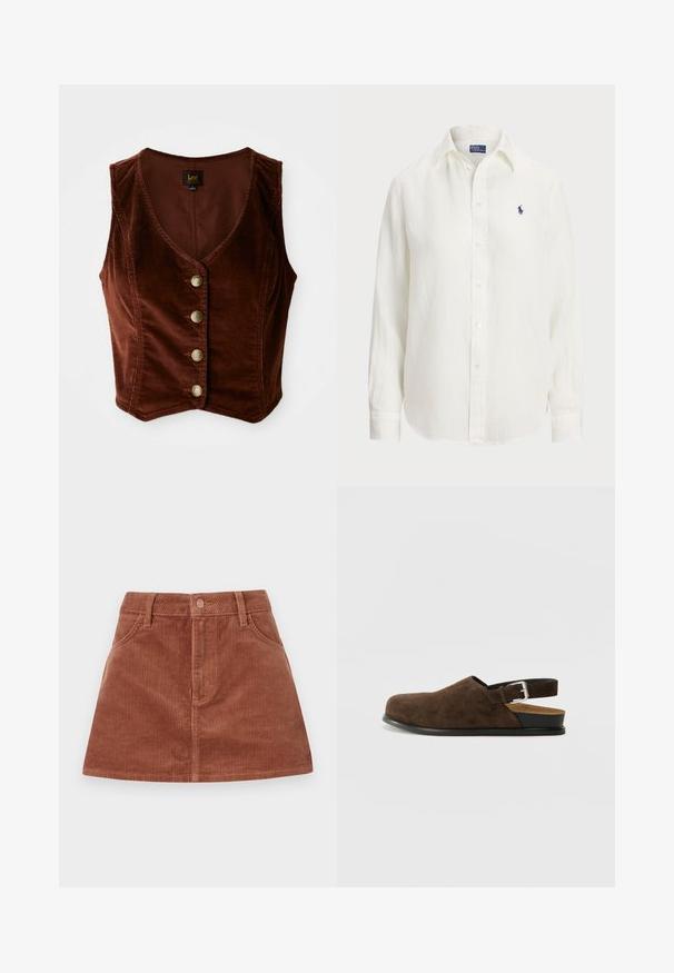 Brūns korduroja bez piedurknēm tops ar dziļu V-veida kakla izgriezumu un pieciem zelta pogām, ar teksturētu virsmu un pieguļošu dizainu.; Balta lina krekls ar garām piedurknēm, pogām uz apkakles un priekšpuses. Uz krūtīm ir neliels zils izšūts logotips.; Brūna korduroja mini svārki ar vertikālu rievotu tekstūru, priekšējām kabatām, pogu aizdari un taisnu griezumu.; Biezu zamšādai kurpe ar zemu papēdi, regulējamu siksniņu ar sudraba sprādzi un melnu gumijas zoli.