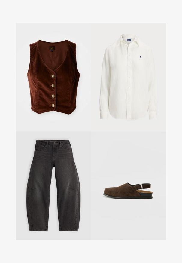 Top sin mangas de pana marrón con un profundo escote en V y cinco botones dorados, con una superficie texturizada y un diseño ajustado.; Camisa de lino blanca con mangas largas, cuello tipo button-down y botones en la parte frontal. Presenta un pequeño logotipo bordado en azul en el pecho.; Jeans de mezclilla negra con un corte relajado, que cuentan con cinco bolsillos, cierre de botón y un ligero desgastado. La tela tiene una textura suave y resistente.; Zapato de ante marrón tipo slip-on, con tacón bajo, correa ajustable con hebilla de plata y suela de goma negra.