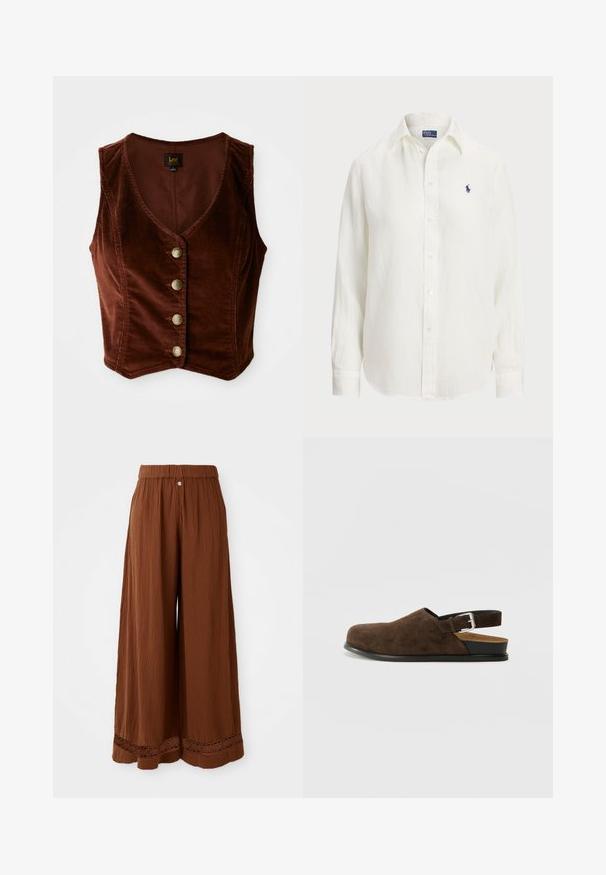 Brun kordfløyels ermeløs topp med dyp V-hals og fem gullknapper, med en teksturert overflate og figursydd design.; Hvit linskjorte med lange ermer, knapp- ned-krage og knapper foran. Har en liten blå brodert logo på brystet.; Bredde ben brune bukser laget av teksturert stoff, med en samlet midje og blonderdetaljer i kanten.; Brune semsket slip-on sko med lav hæl, justerbar rem med en sølvspænde og en sort gummisål.