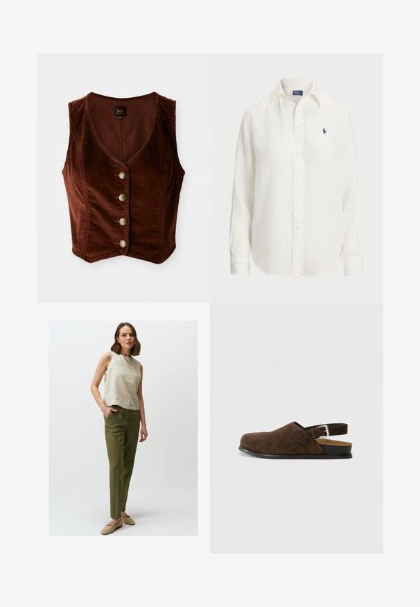 Bruine corduroy mouwloze top met een diepe V-halslijn en vijf gouden knopen, met een getextureerd oppervlak en een getailleerd ontwerp.; Witte linnen blouse met lange mouwen, knoopsluiting en knopen aan de voorkant. Heeft een klein blauw geborduurd logo op de borst.; Beige linnen mouwloos topje met een ronde halslijn, gecombineerd met groene rechte broek. Het model draagt lichtbeige instap schoenen.; Bruin suède instapper met een lage hak, een verstelbare band met een zilveren gesp en een zwarte rubberen zool.
