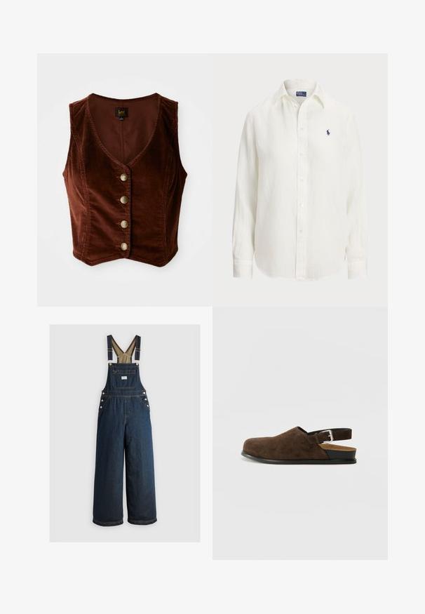 Brown corduroy sleeveless top featuring a deep V-neckline and five gold buttons, with a textured surface and fitted design.; White linen shirt with long sleeves, button-down collar, and front buttons. Features a small blue embroidered logo on the chest.; Dark blue denim overalls with wide legs, adjustable straps, and button accents. Features a front pocket and a solid, smooth texture.; Brown suede slip-on shoe with a low heel, an adjustable strap with a silver buckle, and a black rubber sole.