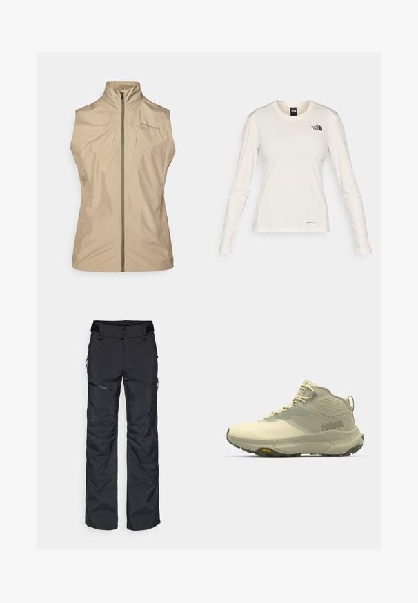 Bežinis be rankovių liemenė su aukštu apykakle, priekiniais užtrauktukais ir logotipo detalėmis. Pagamintas iš lengvos, glotnios medžiagos su minimalistiniu dizainu.; The North Face SHADOW LONG SLEEVE - Ilgarankovis viršutinės dalies drabužis - white dune; Juodos slidinėjimo kelnės pagamintos iš sintetinio audinio, su tiesiomis kojomis, užtrauktukais kišenėse ir Velcro reguliuojamu juosmeniu.; Hoka žygiai batai šviesiai smėlio spalvos, su tekstūruota viršutine dalimi, raištelių uždarymu ir Vibram padu. Išskirtinis šoninis logotipas ir palaikanti konstrukcija.