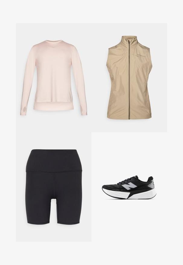 Beige bezrukávnik s vysokým golierom, predným zipsom a detailmi loga. Vyrobený z ľahkej, hladkej tkaniny s minimalistickým dizajnom.; Dlhý rukáv športovej košele svetloružovej farby, vyrobená z hladkého materiálu; obsahuje otvory na palce a reflexnú logo aplikáciu na hrudníku.; Čierne atletické šortky vyrobené z elastického materiálu, so širokým pásom, hladkou textúrou a bez viditeľných vzorov alebo kovania.; Čierno-biele bežecké topánky New Balance s hrubou podrážkou, sieťovinovým zvrškom a logom "N" na boku, zobrazené z vonkajšej strany.