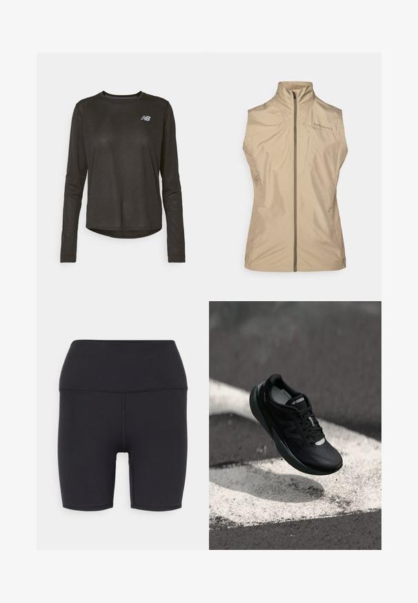 Beeži ilma varrukateta vest kõrge kaelusega, ees lukk ja logo detailidega. Valmistatud kergest, siledast kangast minimalistliku disainiga.; Pikend varrukatega must sportlik särk, millel on tekstuuriline muster, ümar kaelus ja peegeldav logo vasakul ülanurgas.; Mustad mustad lühikesed püksid, mis on valmistatud venivast materjalist, omavad kõrget taljeosa, sileda tekstuuri ning ei sisalda nähtavaid mustreid ega metallosi.; Mustmustööd mustad jooksujalatsid tekstureeritud pealsed, sujuv disain ja helendavad aktsendid. Omab pehmet, polsterdatud tallat, mis tagab mugavuse.