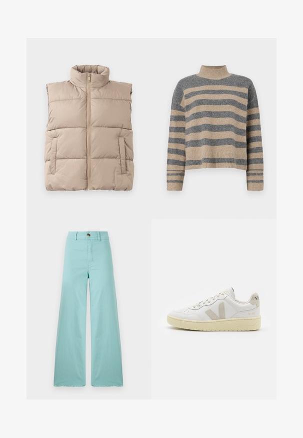 Beesvärvitud pehmendatud ilma varrukateta vest kõrge kraega, esi tõmblukk ja kaks külgtaskut, lamab tasaseks valge tausta peal.; Triibuline kudumipusa, millel on hallid ja beezid toonid, kõrge kaelus, laiad mansetid ja vabalt langev lõige koos lühendatud disainiga.; Heledad püksid, mis on valmistatud helesinisest kangast ja millel on hõredad servad. Omab nööbi sulgemist ja standardseid taskuid. Sujuv tekstuur kogu ulatuses.; Valge nahast tenniseking, millel on beežist siidist aktsent ja aukudega varvas, lame paelad ja tekstureeritud koorevärvi tallad. Omab nüansirikast brändimist kannal.