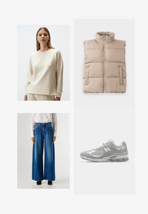 Gilet sans manches rembourré beige avec col montant, fermeture éclair frontale et deux poches latérales, posé à plat sur un fond blanc.; Sweatshirt de couleur crème, en tissu de coton doux, coupe décontractée, encolure ronde, épaules tombantes, fentes latérales à l'ourlet, design minimaliste.; Jeans larges bleus à taille haute, confectionnés en denim, avec des poches avant et une fermeture à bouton. Texture lisse avec un lavage classique.; La sneaker New Balance 2002R gris clair possède une tige en cuir suédé et en mesh, des accents blancs, une semelle rembourrée et une technologie de coussinage visible.