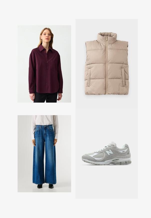 Gilet imbottito beige senza maniche con alto collo, zip frontale e due tasche laterali, posato su uno sfondo bianco.; Camicetta bordeaux con bottoni in tessuto morbido, colletto, maniche lunghe e tasca sul petto. Presenta spacco laterale e una texture sottile.; Jeans a gamba larga blu con vita alta, realizzati in denim, dotati di tasche anteriori e chiusura con bottone. Texture liscia con un lavaggio classico.; Sneaker New Balance 2002R grigio chiaro presenta una tomaia in suede e mesh, dettagli bianchi, suola ammortizzata e tecnologia di ammortizzazione visibile.